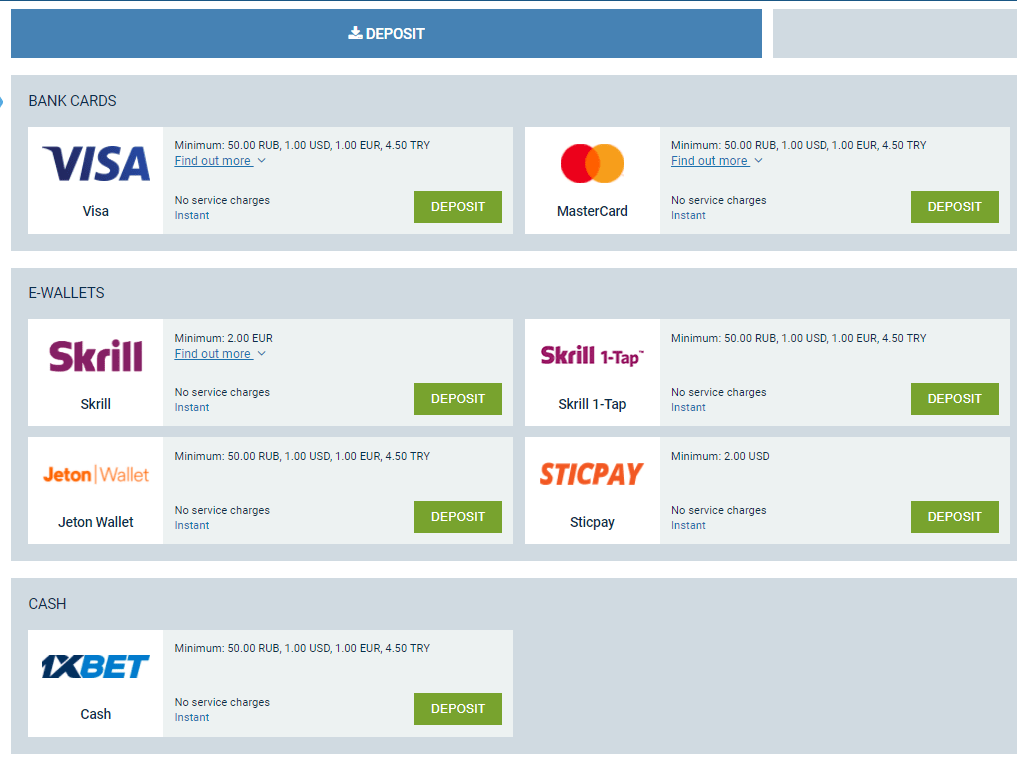 Payment methods at 1xBet