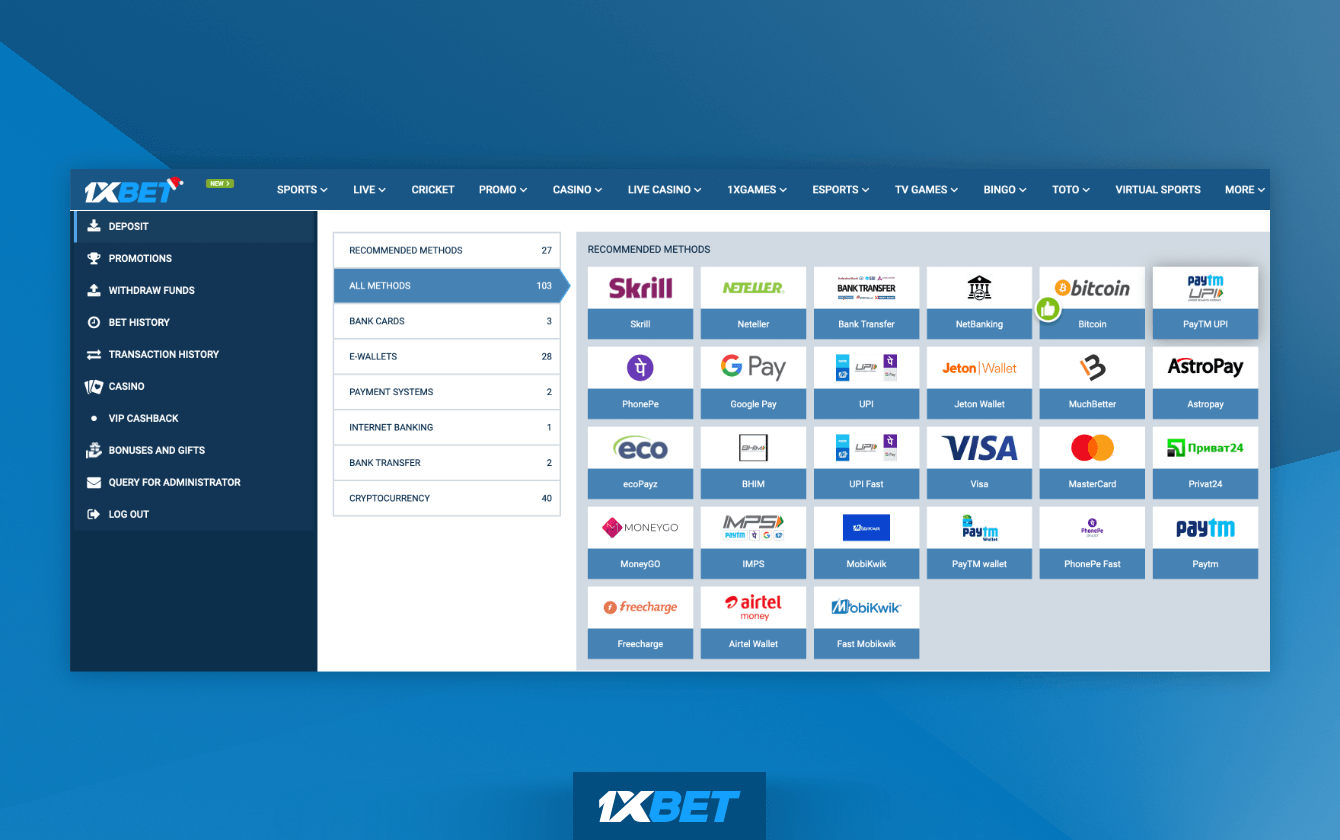 Detailed information about all payment methods 1xbet Casino